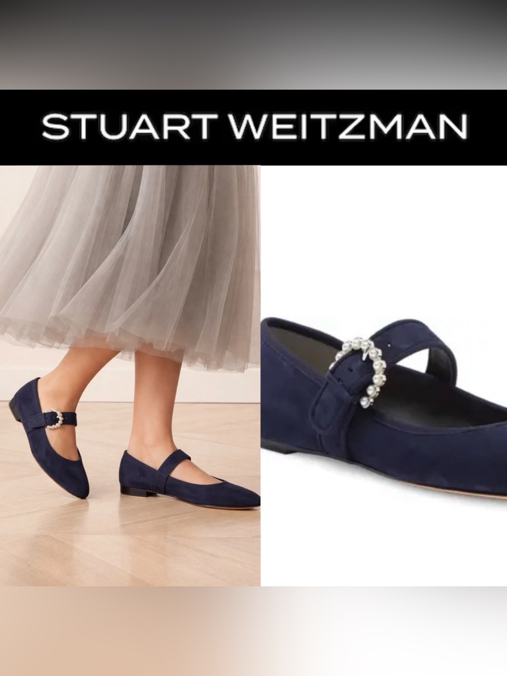 Stuart Weitzman Navy Suede Mary Jane Flats with Pearl-Embellished Buckle Size 10